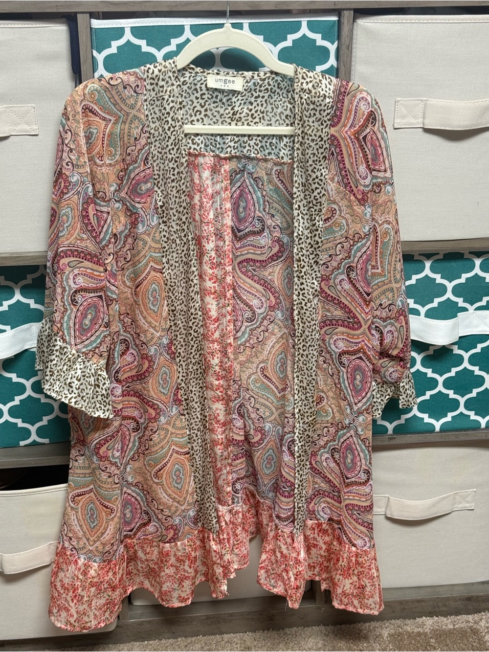 Umgee Multi-Print Paisley & Leopard Open Front Kimono — Pink, Coral, Cream